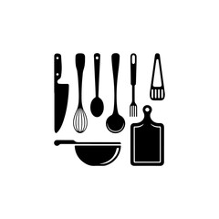 spoon, kitchen, knife, icon, fork, vector, restaurant, tool, cooking, cutlery, set, dinner, silhouette, illustration, black