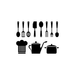 set of  kitchen utensils silhouettes, black fill, white background, vector style