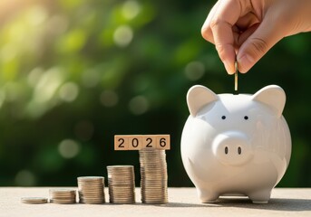 Saving for the Future: Piggy Bank with Coins and the Year 2026