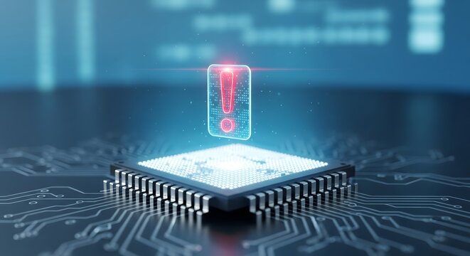 Digital security alert symbolized by a glowing red exclamation mark floating above a microchip circuit board background in a conceptual 3D rendering.