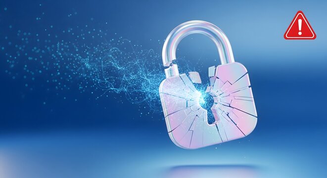 Digital padlock cracking and shattering, symbolizing data breach, network security failure, vulnerability, hacking, or compromised encryption on a blue background.