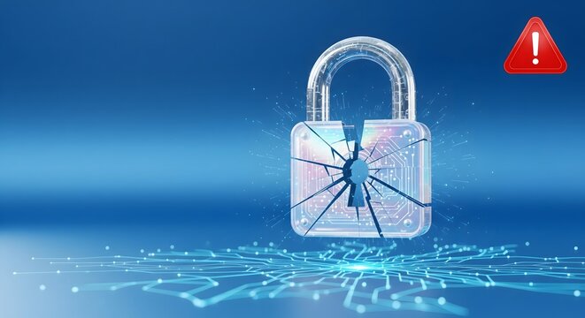 Cracked digital padlock symbolizing data breach and cyber security failure on a blue technological background with warning sign.