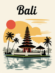 Retro travel poster of Bali featuring a traditional pagoda temple by a tropical lake with palm trees. Warm vintage tones and flat vector style evoke mid-century travel charm.
