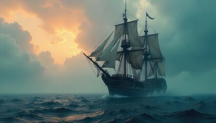 Obraz premium Ancient pirate vessel, decaying hull, ghostly sails billowing in the fog , shipwreck, night