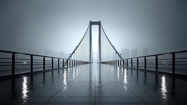 The sense of extension of the bridge in the fog and the city skyline