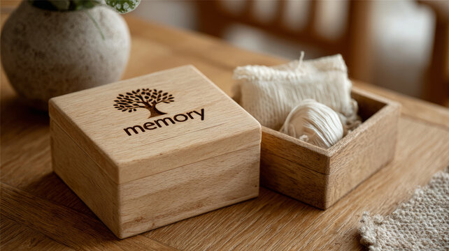 Wooden memory box with a tree design on a wooden table.