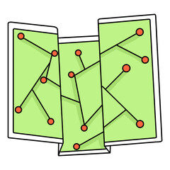 Simple cartoon map illustration with connected dots representing travel planning, adventure, and navigation.