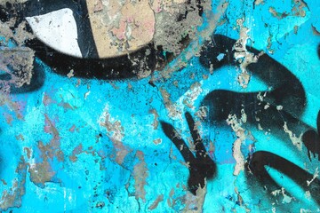 Urban grunge graffiti texture - vibrant turquoise, black, distressed surfaces. Reflects 90s, street art style, bold contrasts. Background, texture, wall painting, modern visuals, creative banner