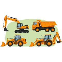 Heavy Construction Vehicle Vector Set: Excavator, Dump Truck, Wheel Loader, and Backhoe Loader Illustrations for Building, Mining, Earthmoving, and Engineering Projects