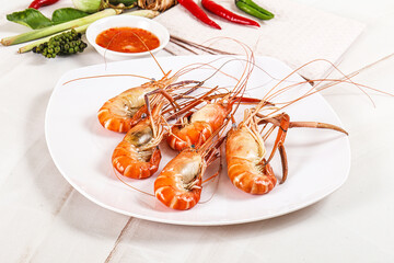 Boiled tiger prawn with sauce