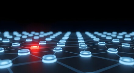 Obraz premium Digital network grid with glowing blue connected points and one central red node signifying risk, error, or importance on a dark background.