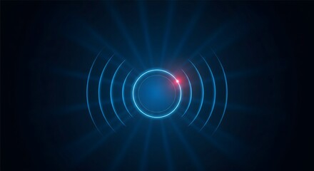 Obraz premium Abstract blue radar wave background with glowing neon circles and a dynamic digital signal ray effect on a dark background.