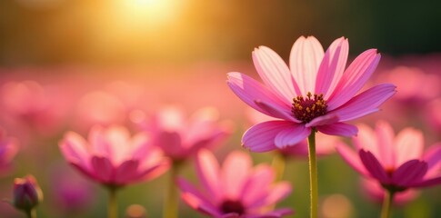 Vibrant pink flower field, sunlit petals, blurred bokeh, vibrant, meadow, romantic