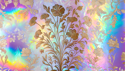 A wonderful golden floral pattern of a fairytale flowers on an iridescent rainbow background