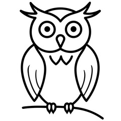Outline drawing of an owl on a branch on transparent background