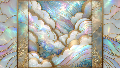 A wonderful golden pattern of a fairytale cloudy sky on an iridescent rainbow background