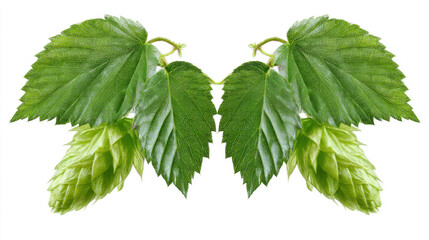 A minimalist composition of two fresh hop shoots placed symmetrically. Isolated on a seamless, solid white background. Balance and elegance concept.
