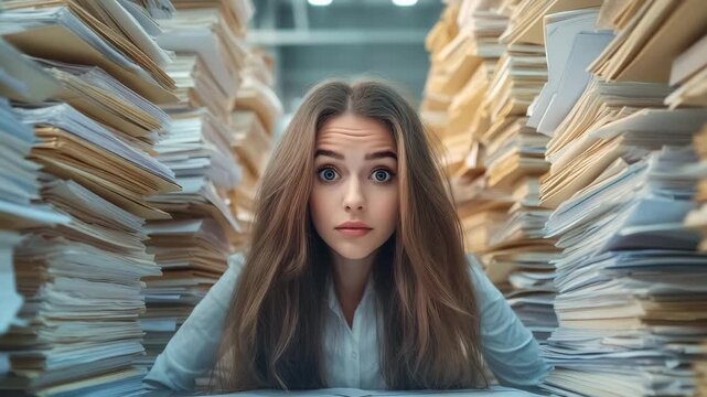 A young woman gazes at the camera with an expression of stress while navigating a chaotic office filled with paperwork