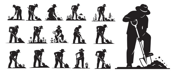 Fototapeta premium Extensive gardening silhouette collection multiple men digging, planting, and working with shovels in various garden scenes