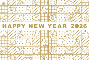 2026午年のお正月年賀状デザイン:日本のおしゃれ背景:馬や縁起物イラストのカード