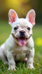 Fototapeta premium Adorable white French Bulldog puppy smiles outdoors , white dog, pet