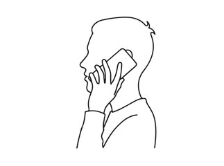 Closeup line mans head and hand holding mobile phone to his ear