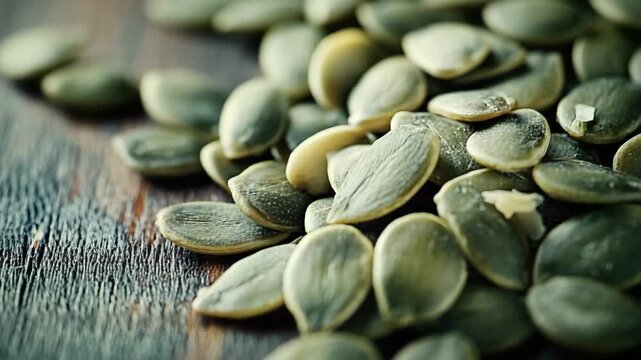 selective focus close-up of raw pumpkin seeds on wooden surface