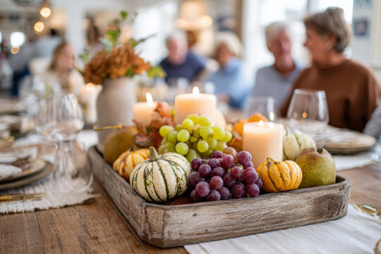 Festive thanksgiving table with autumn decor and diverse group gathering