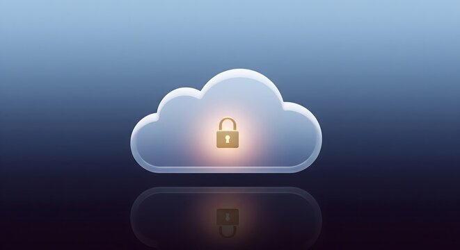 3D Illustration of a secure cloud computing server with a golden padlock icon symbolizing data protection and privacy on a dark blue background.