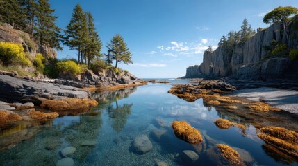 Fototapeta premium Scenic Coastal Landscape Under Clear Blue Sky With Rocky Outcrops And Crystal Clear Tidal Pools Reflecting Surrounding Greenery And Blue Sky In Sunlight