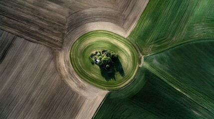 Obraz premium Abstract aerial view of circular agricultural fields surrounding a farmhouse.