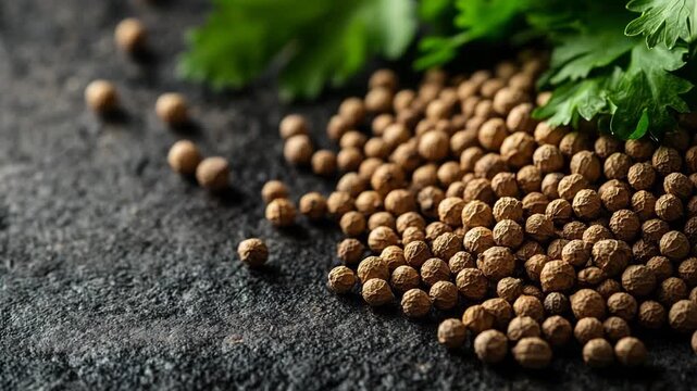 selective focus close-up of neatly arranged coriander seeds