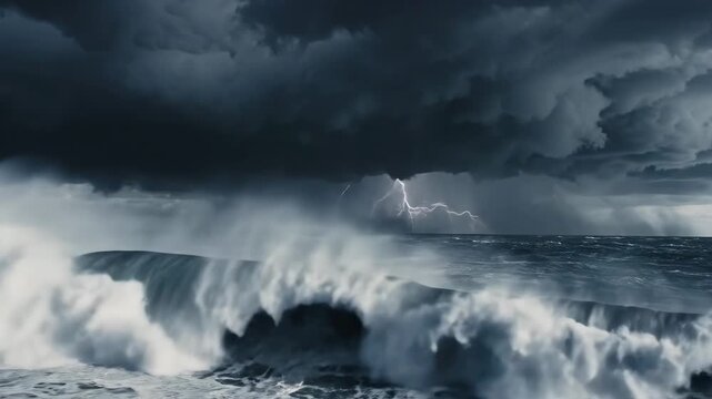 Stormy Ocean Wave - This image captures a powerful ocean wave crashing under a dark and ominous storm cloud. The wave is large and turbulent, with white foam contrasting against the dark blue water.