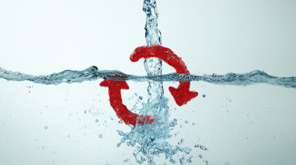 Red arrow symbol in water representing a cycle or process. a red arrow symbol submerged in water, symbolizing a continuous cycle or process.