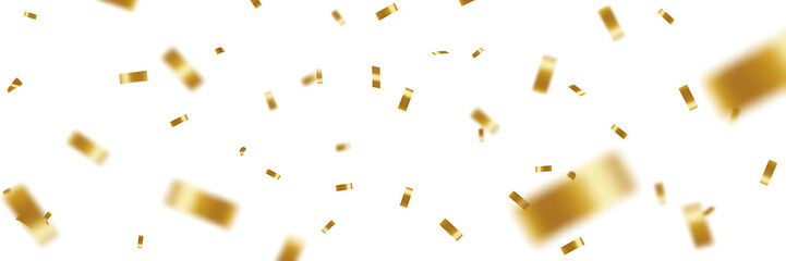 Golden confetti pieces scattered across a clean white background, perfect for celebrations and festive occasions