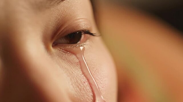 close up of human eye with tear crying sadness