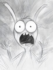 Sketch of a frantic rabbit-like creature expressing extreme distress and panic through wide eyes