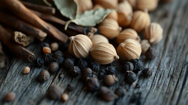 selective focus warm spice blend with coriander seeds