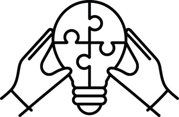 Minimal line art illustration of hands assembling jigsaw puzzle light bulb symbolizing teamwork creativity and innovation on white background
