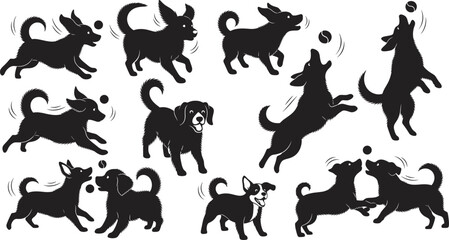 Dog silhouettes playing, jumping, running, black vector illustration, pet activity, joyful motion, canine poses, ball interaction, isolated on white background, energetic dogsDog silhouettes playing, 