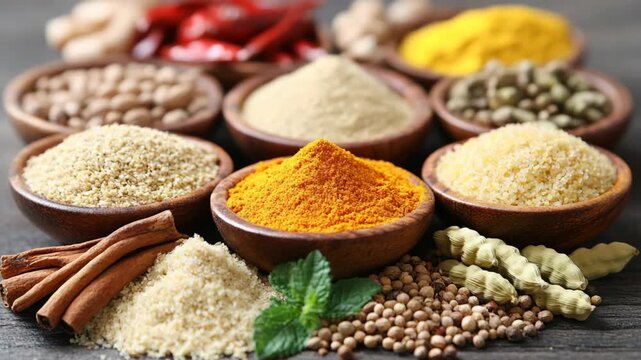 selective focus coriander seeds with colorful spices on wooden surface