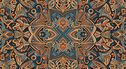 Detailed Repeating Pattern with Blue and Orange Ornamental Shapes