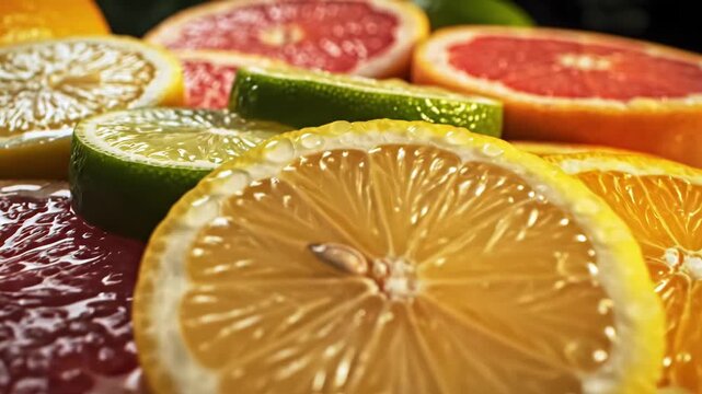 Colorful Citrus Fruit Slices - A close-up shot showcasing an assortment of vibrant citrus fruit slices, including lemons, limes, oranges, and grapefruit.
