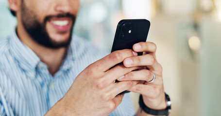 Happy, man and hands with smartphone, office and communication with contact on break and networking. Typing, message and person with smile for mobile app, connection and texting on social media