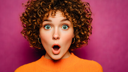 Jeune femme avec les cheveux bouclés, étonnée et surprise avec la bouche ouverte