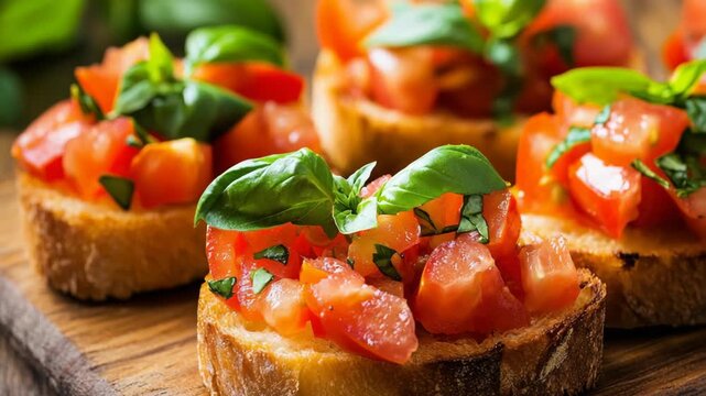 selective focus classic tomato and basil bruschetta
