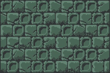 2D Brick Wall Texture. Grungy 8-bit pixel art background featuring a seamless pattern of dark blue, rough stone wall blocks. Ideal for retro game environments, digital art, game asset, background