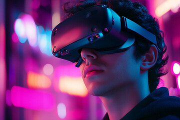 Young man using advanced VR glasses in immersive high tech environment, future experience, generative ai