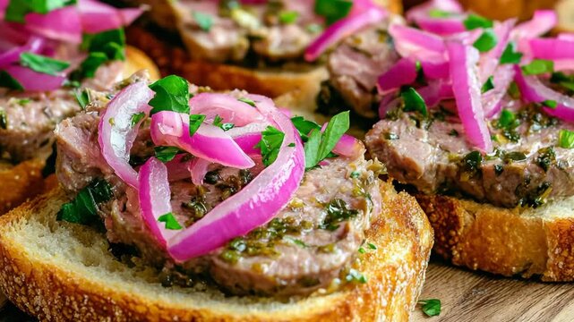 selective focus bruschetta with liver p&acirc;t&eacute; and pickled onions