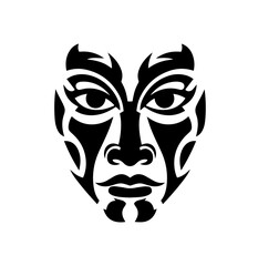 A striking, symmetrical vector illustration of a tribal mask, characterized by its bold black graphic shapes and an intense, modern gaze